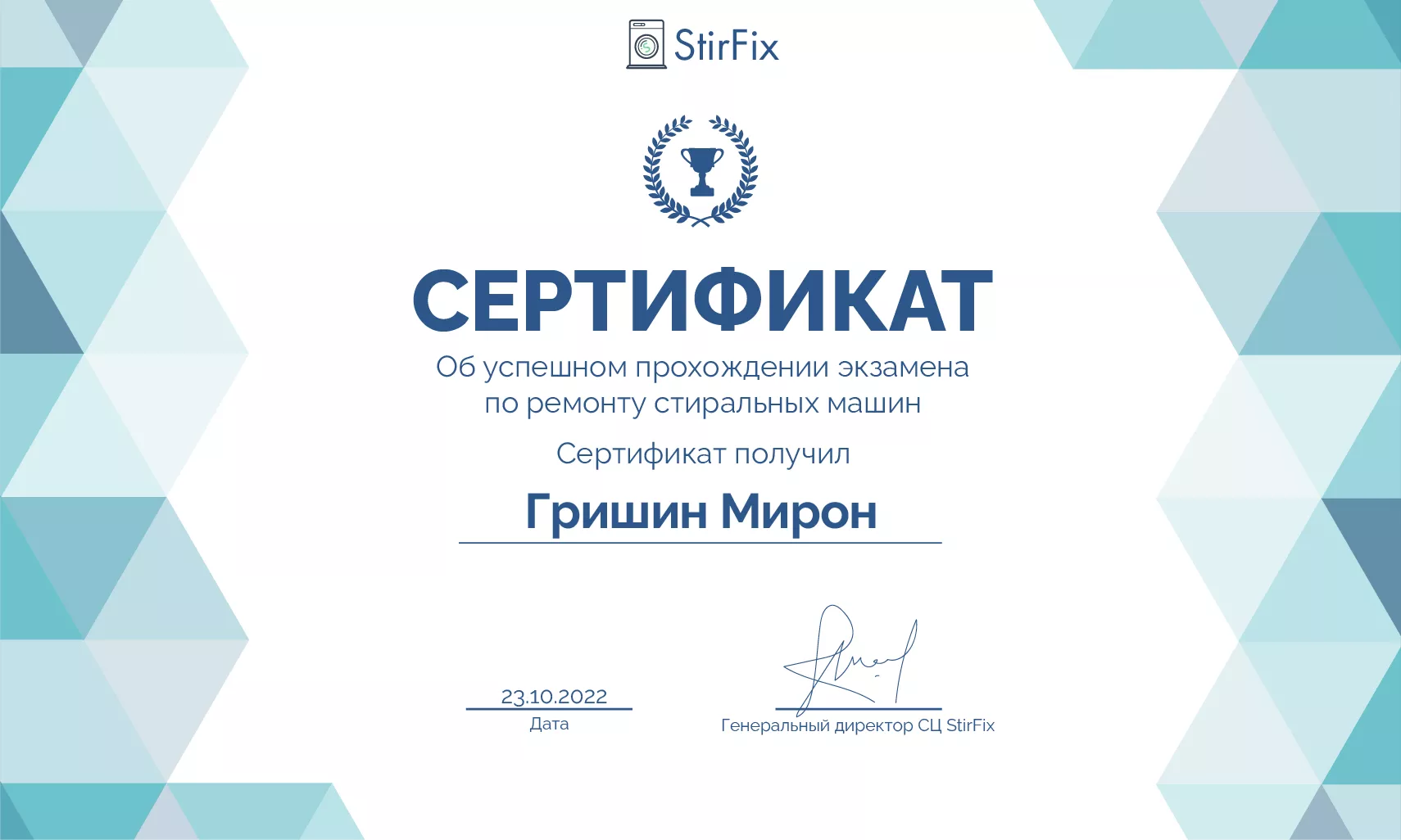 Гришин Мирон сертификат мастера по ремонту стиральных машин
