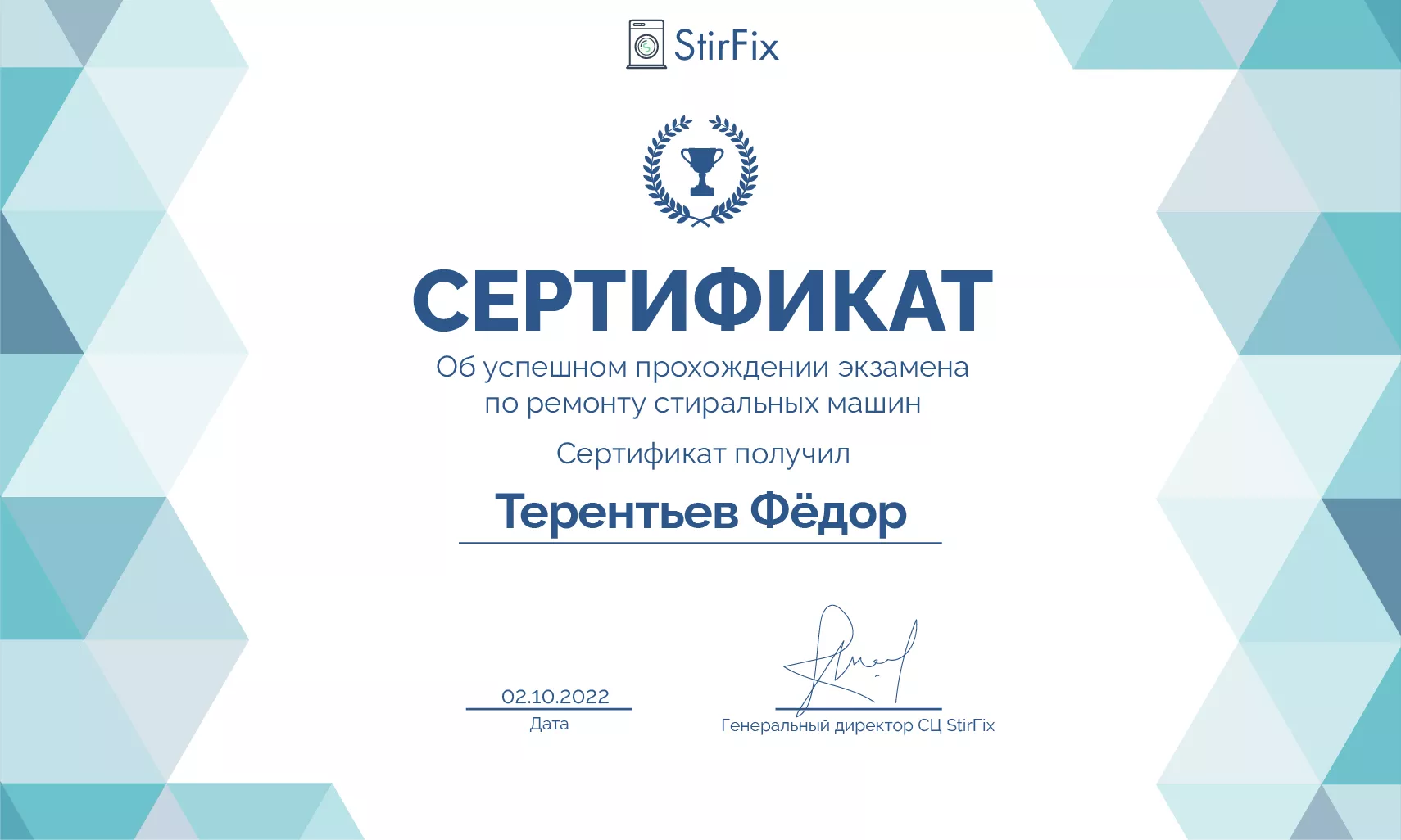 Терентьев Фёдор сертификат мастера по ремонту стиральных машин